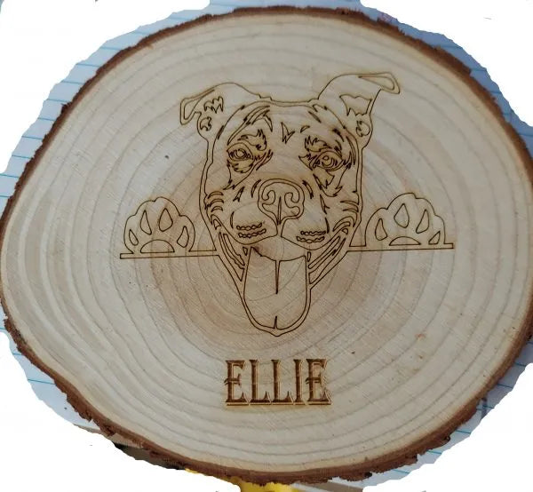 Pitbull picture and name on wood slab